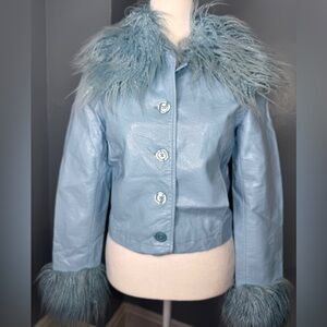 Urban Outfitters Light Blue Leather Jacket with Faux Fur